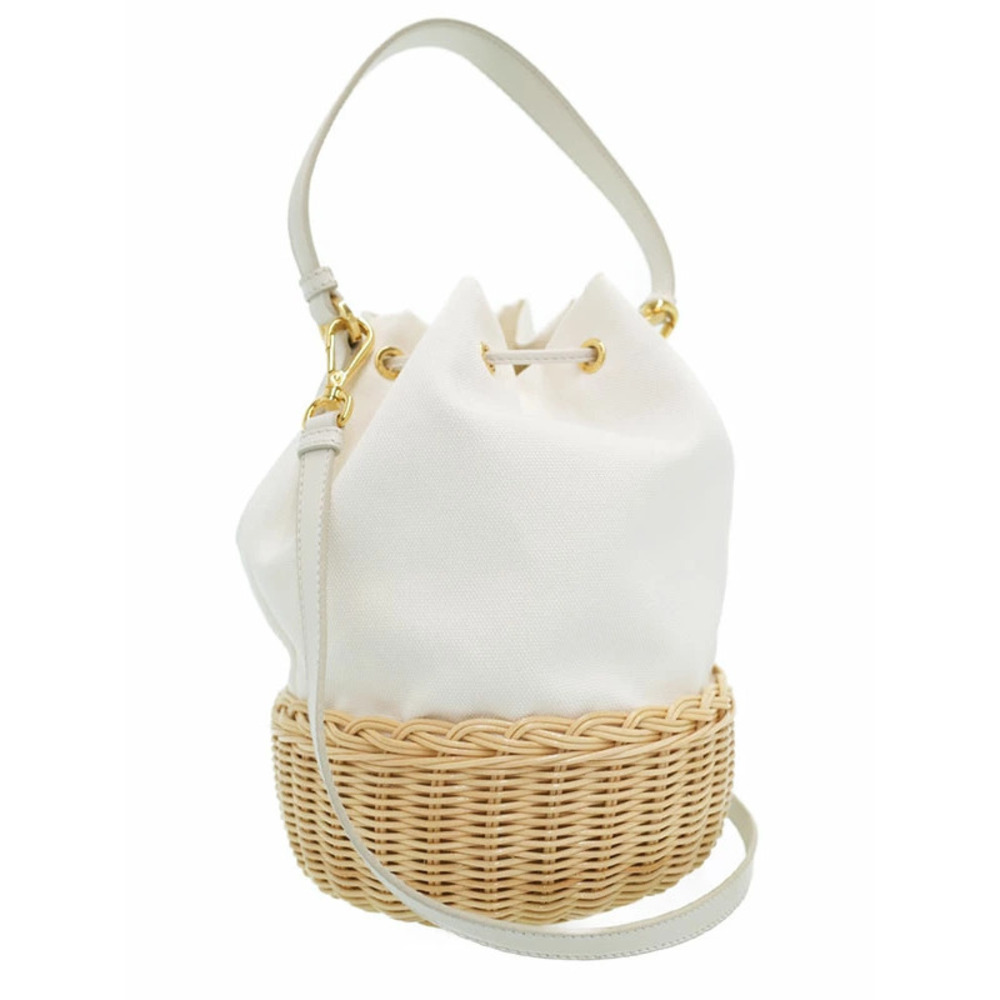 Prada white canvas natural wicker Basket bucket bag leather - Picture 2 of 5